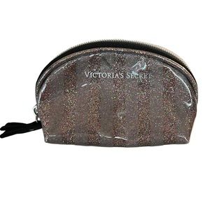 4/$24 Victoria’s Secret Glitter Striped Pink & Silver Cosmetics Toiletries Bag